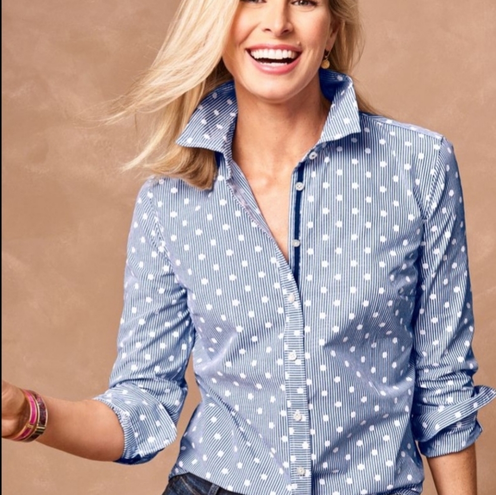 Talbots Long Sleeve Top. Blue Stripes & White Polka Dots. (Chest Size 42”) EUC